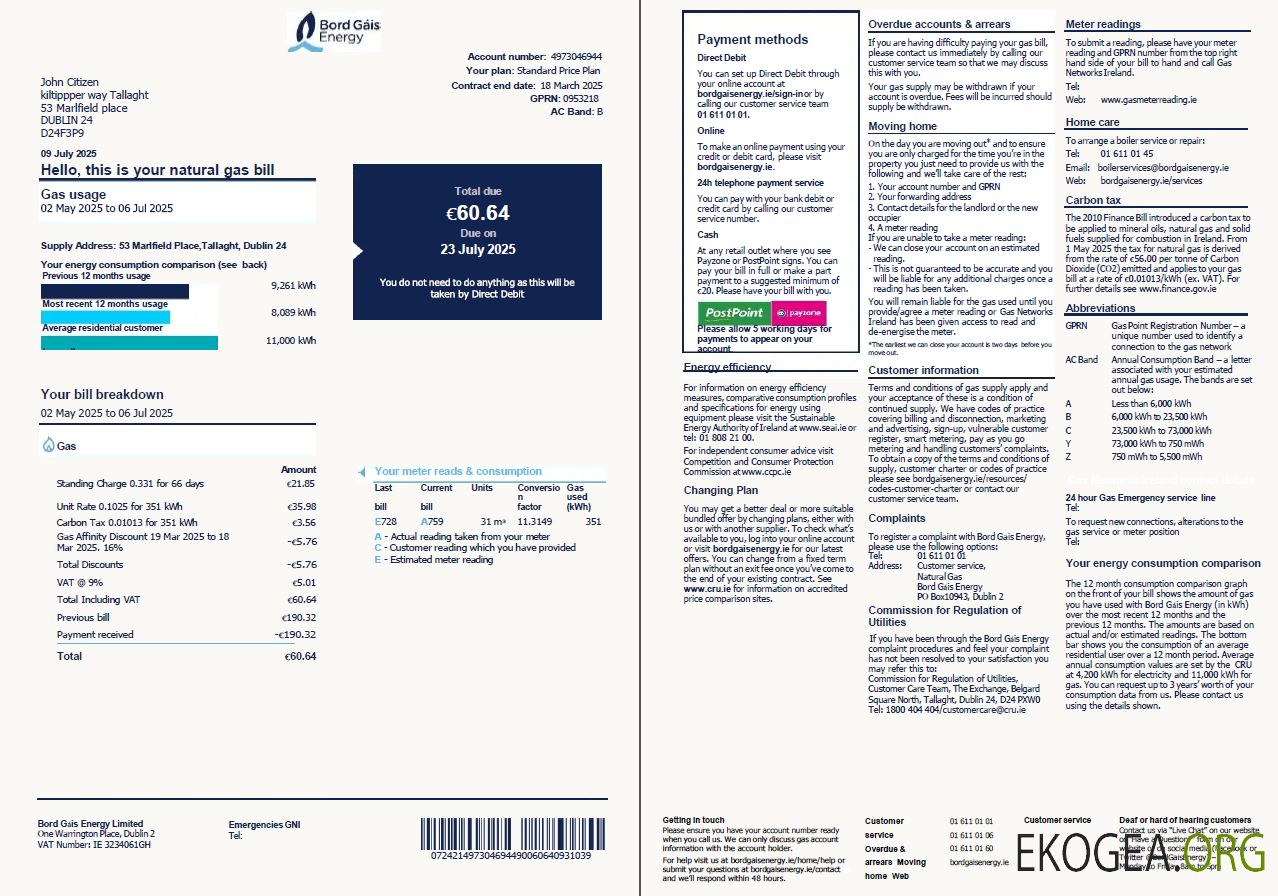 Ireland Bord Gáis Energy utility bill template in Word and PDF formats, 2 pages, version 2